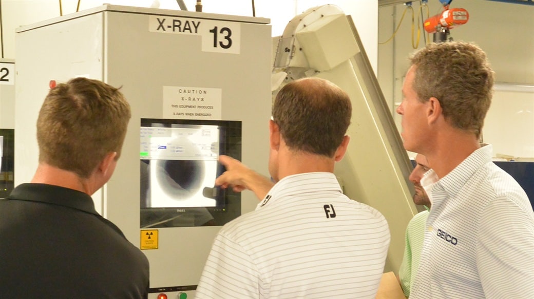 Photo from Titleist Ball Plant 3 of X-ray analysis stage in the process to manufacture Titleist golf balls.